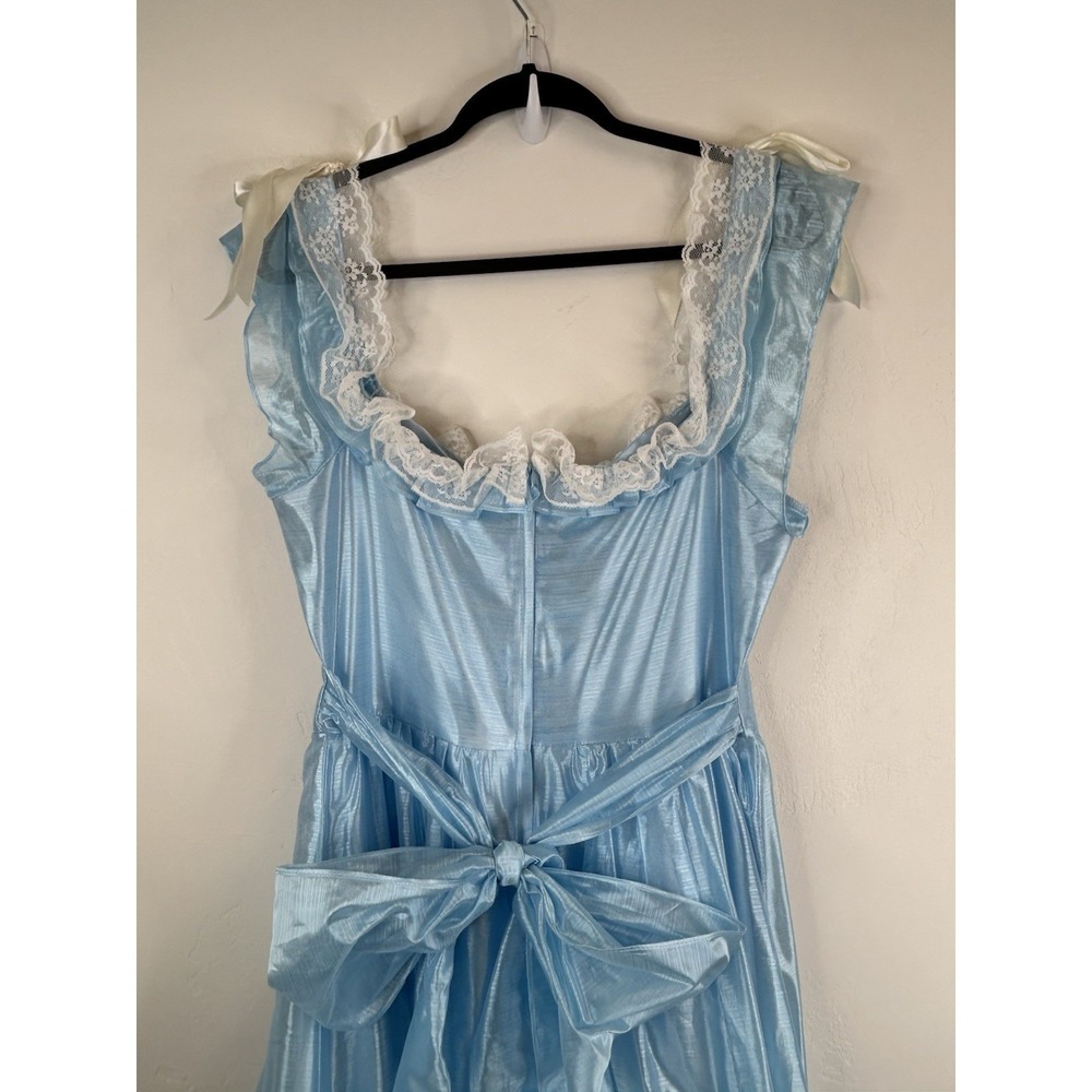 Vintage 70s Formal Blue Satin Gown Lace Trim Bows Princess Theatrical Costume - Picture 11 of 14